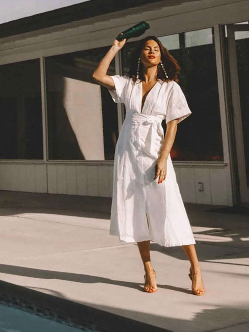 Equipment Femme White Nauman 100% Linen Deep V Neck Midi Dress